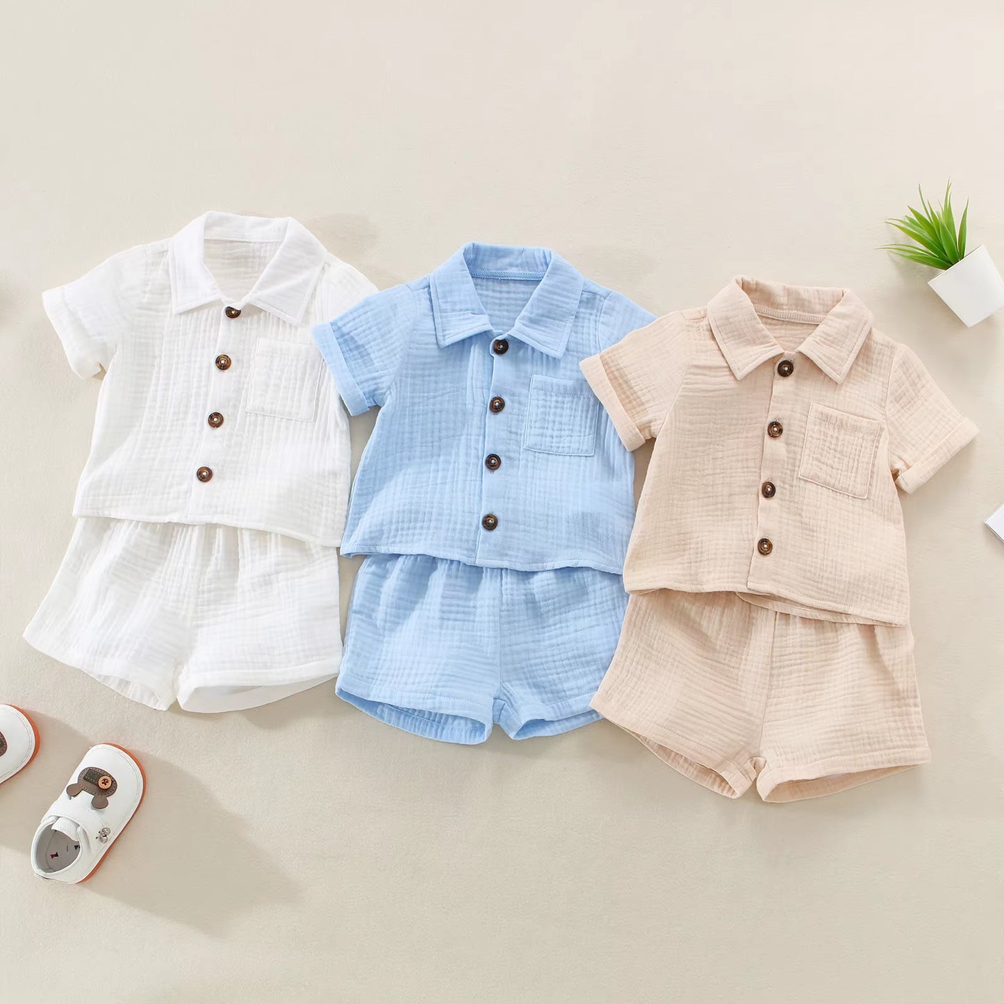 Cotton Linen Summer Outfit Set for Toddler Boys: Short Sleeve Button-Down Shirt with Pocket and Matching Shorts (2-Piece)