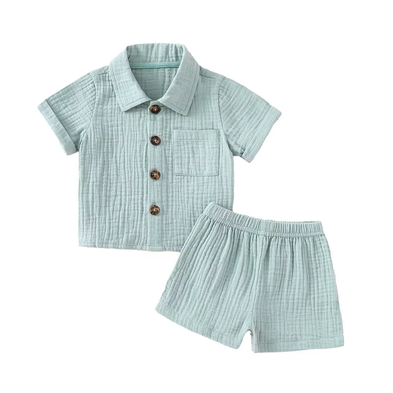 Cotton Linen Summer Outfit Set for Toddler Boys: Short Sleeve Button-Down Shirt with Pocket and Matching Shorts (2-Piece)