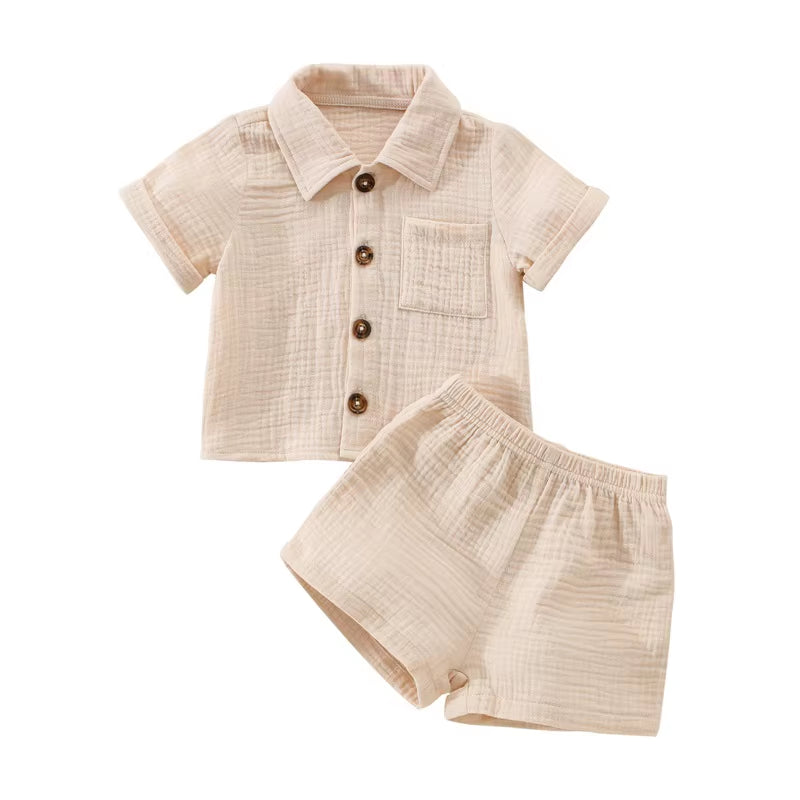 Cotton Linen Summer Outfit Set for Toddler Boys: Short Sleeve Button-Down Shirt with Pocket and Matching Shorts (2-Piece)