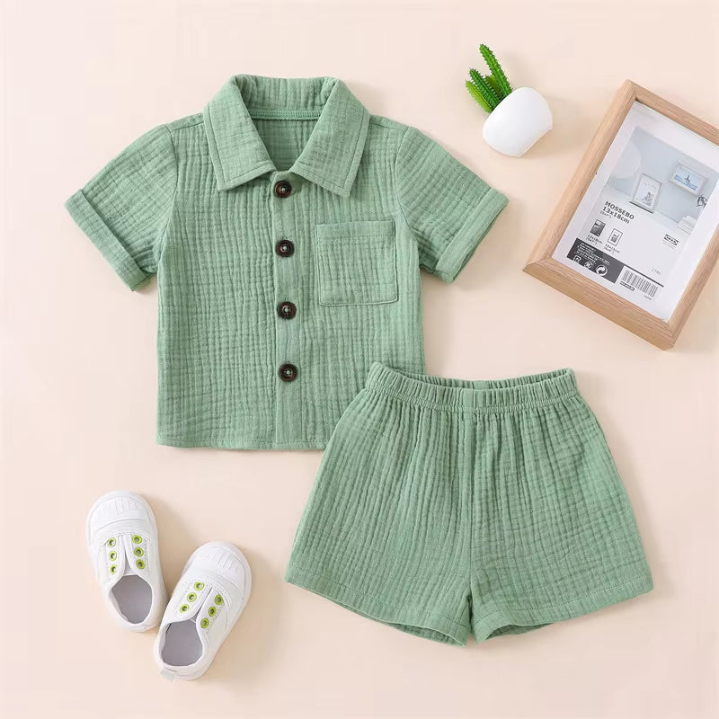 Cotton Linen Summer Outfit Set for Toddler Boys: Short Sleeve Button-Down Shirt with Pocket and Matching Shorts (2-Piece)