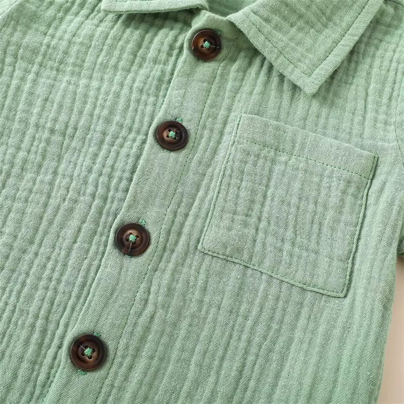 Cotton Linen Summer Outfit Set for Toddler Boys: Short Sleeve Button-Down Shirt with Pocket and Matching Shorts (2-Piece)