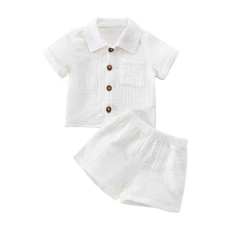 Cotton Linen Summer Outfit Set for Toddler Boys: Short Sleeve Button-Down Shirt with Pocket and Matching Shorts (2-Piece)
