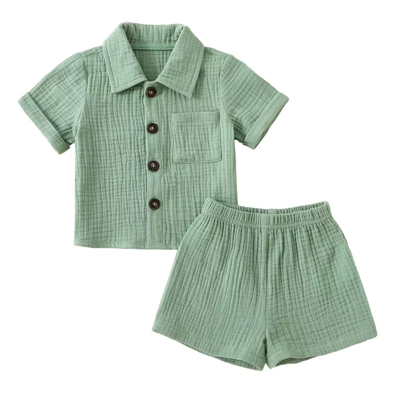 Cotton Linen Summer Outfit Set for Toddler Boys: Short Sleeve Button-Down Shirt with Pocket and Matching Shorts (2-Piece)