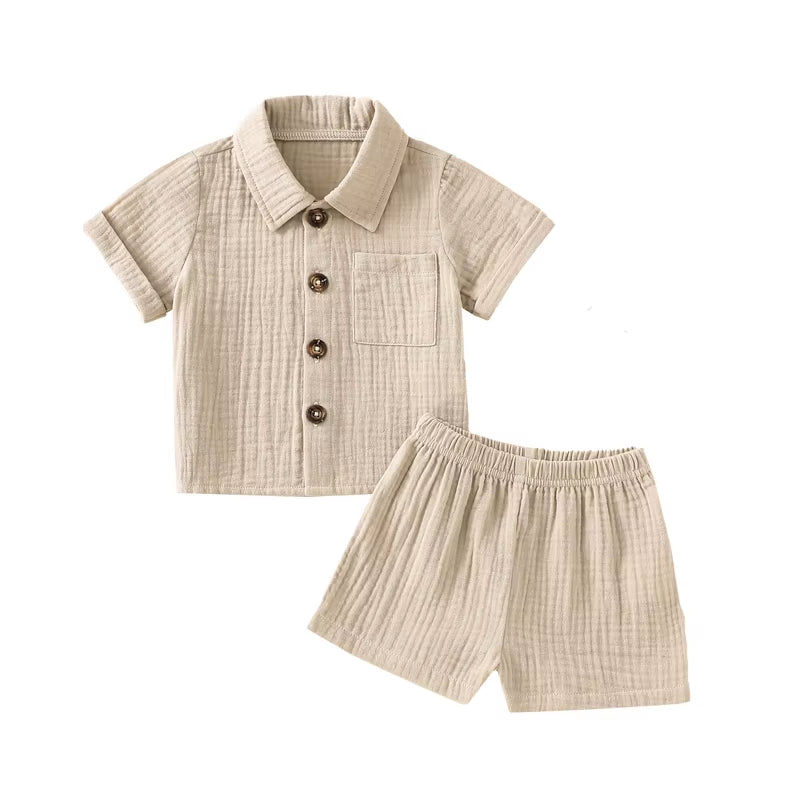 Cotton Linen Summer Outfit Set for Toddler Boys: Short Sleeve Button-Down Shirt with Pocket and Matching Shorts (2-Piece)