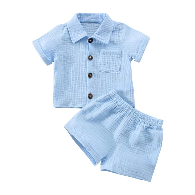 Cotton Linen Summer Outfit Set for Toddler Boys: Short Sleeve Button-Down Shirt with Pocket and Matching Shorts (2-Piece)