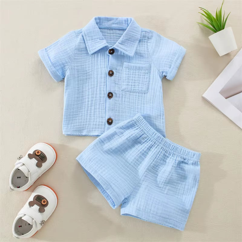 Cotton Linen Summer Outfit Set for Toddler Boys: Short Sleeve Button-Down Shirt with Pocket and Matching Shorts (2-Piece)