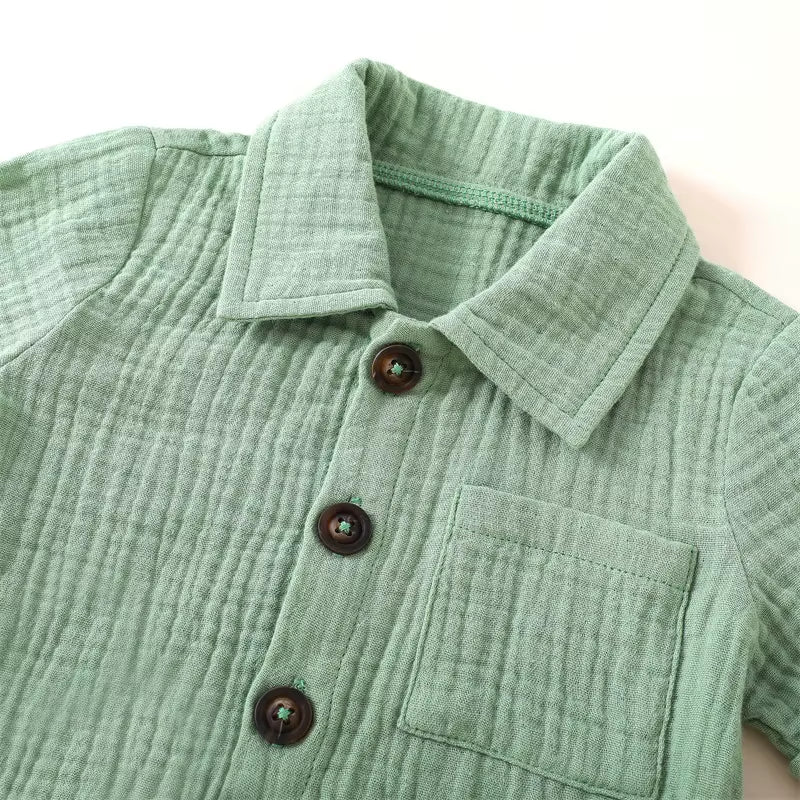 Cotton Linen Summer Outfit Set for Toddler Boys: Short Sleeve Button-Down Shirt with Pocket and Matching Shorts (2-Piece)