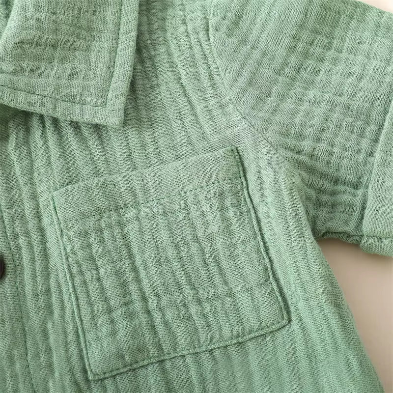 Cotton Linen Summer Outfit Set for Toddler Boys: Short Sleeve Button-Down Shirt with Pocket and Matching Shorts (2-Piece)