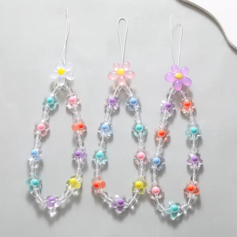 Acrylic Beaded Flower Mobile Phone Chain, Mobile Phone Hanging Rope, Short Wrist Strap, Decorative Pendant