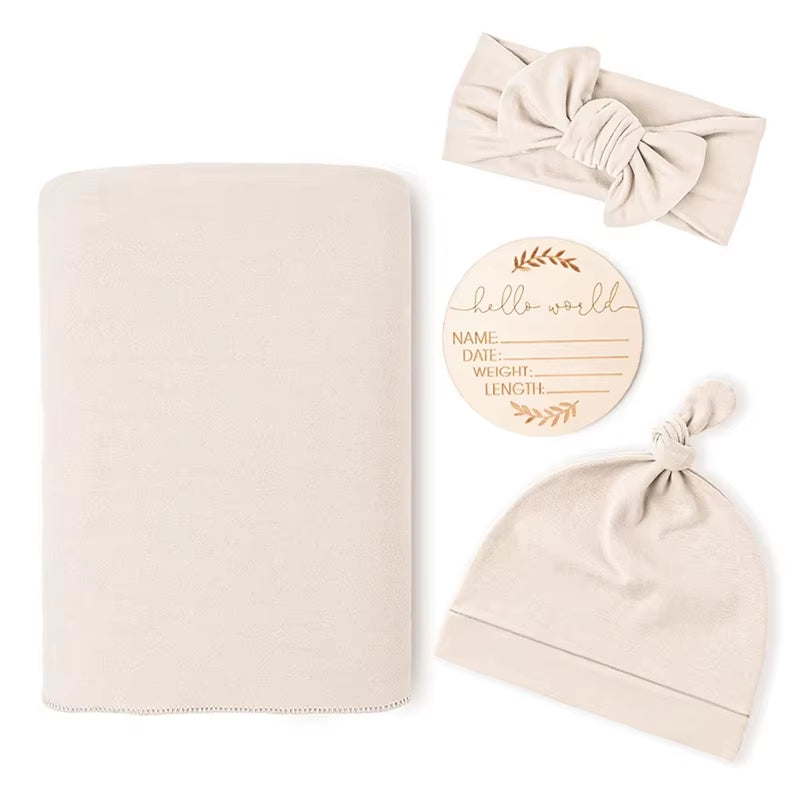 He or She Matching Newborn Baby Announcement with Matching Swaddle, Headband and Beanie Set
