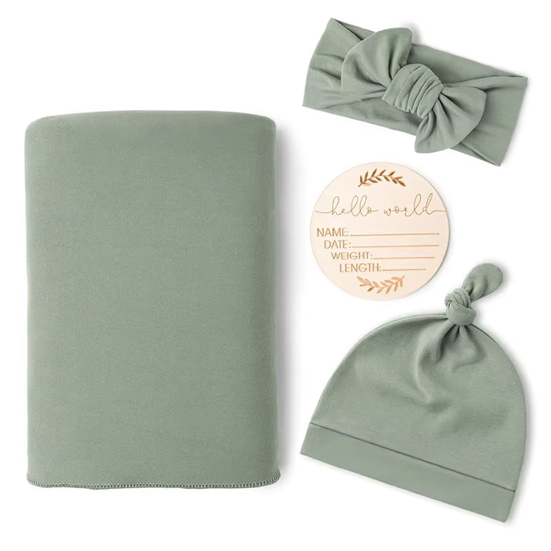 He or She Matching Newborn Baby Announcement with Matching Swaddle, Headband and Beanie Set