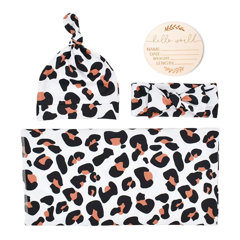 He or She Matching Newborn Baby Announcement with Matching Swaddle, Headband and Beanie Set