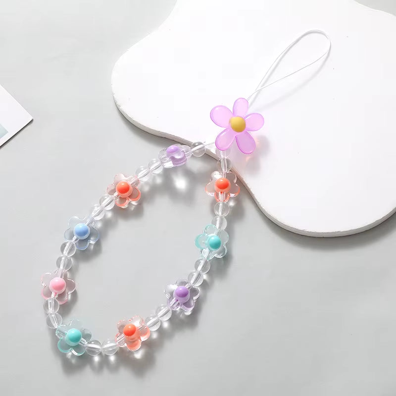 Acrylic Beaded Flower Mobile Phone Chain, Mobile Phone Hanging Rope, Short Wrist Strap, Decorative Pendant
