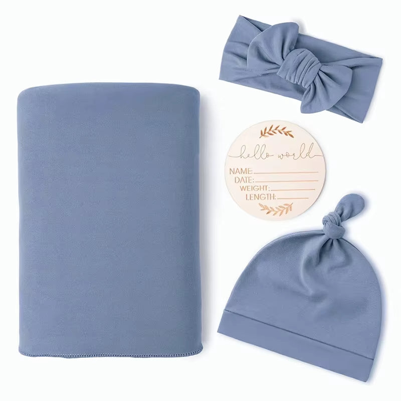 He or She Matching Newborn Baby Announcement with Matching Swaddle, Headband and Beanie Set