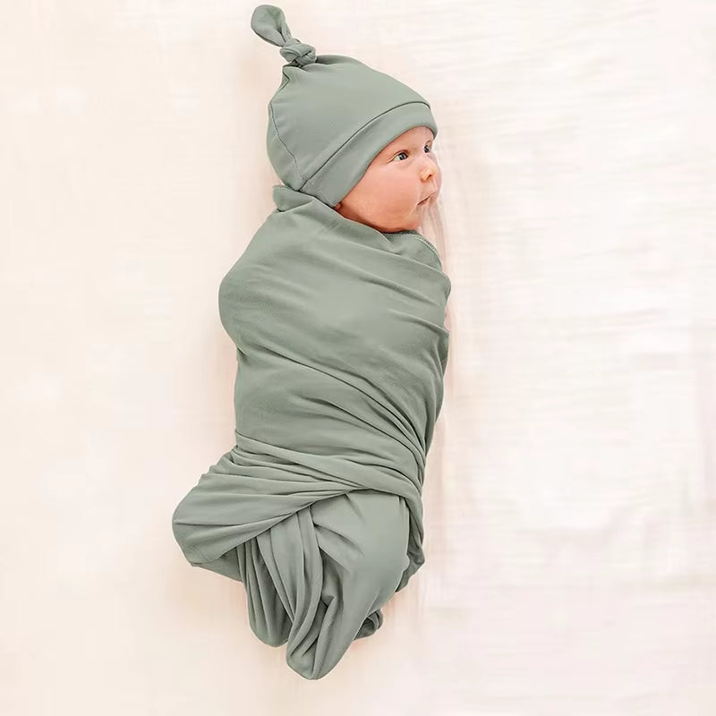 He or She Matching Newborn Baby Announcement with Matching Swaddle, Headband and Beanie Set