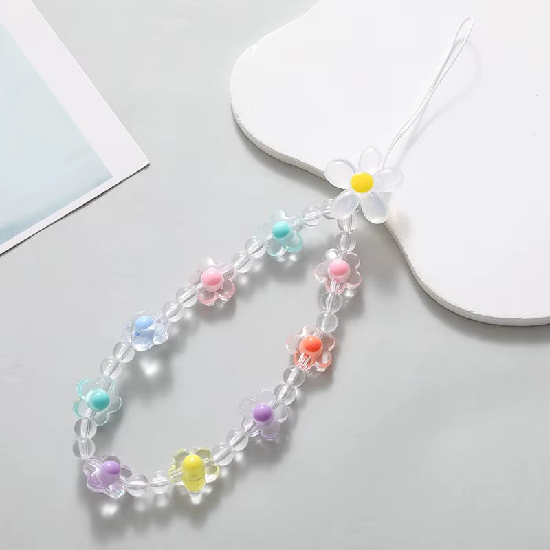 Acrylic Beaded Flower Mobile Phone Chain, Mobile Phone Hanging Rope, Short Wrist Strap, Decorative Pendant