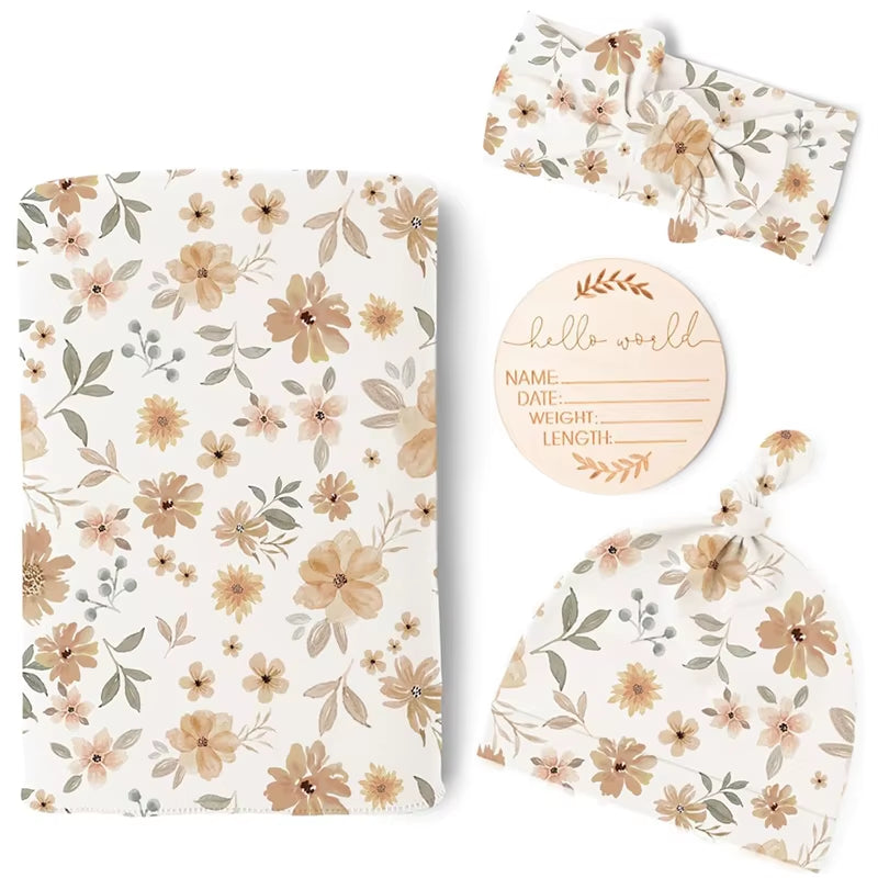 He or She Matching Newborn Baby Announcement with Matching Swaddle, Headband and Beanie Set