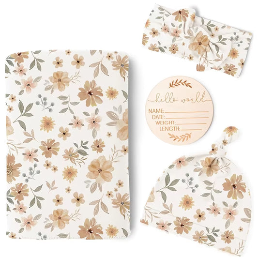 He or She Matching Newborn Baby Announcement with Matching Swaddle, Headband and Beanie Set