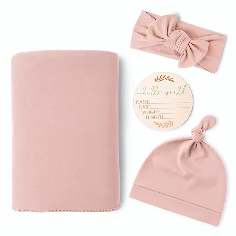 He or She Matching Newborn Baby Announcement with Matching Swaddle, Headband and Beanie Set
