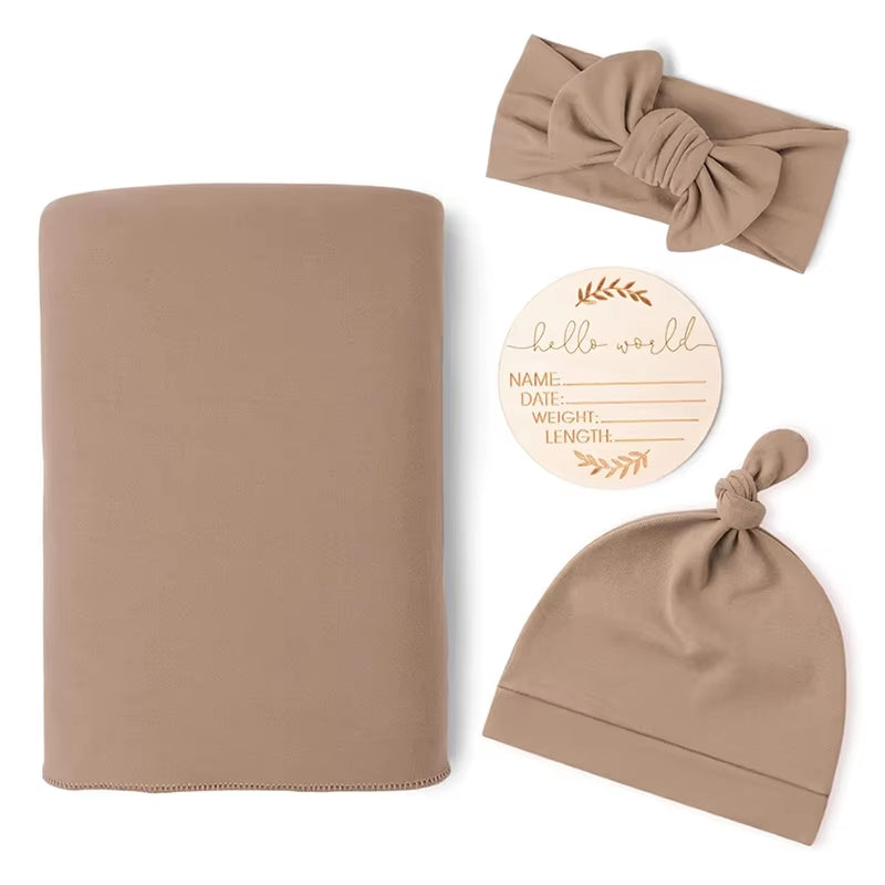 He or She Matching Newborn Baby Announcement with Matching Swaddle, Headband and Beanie Set